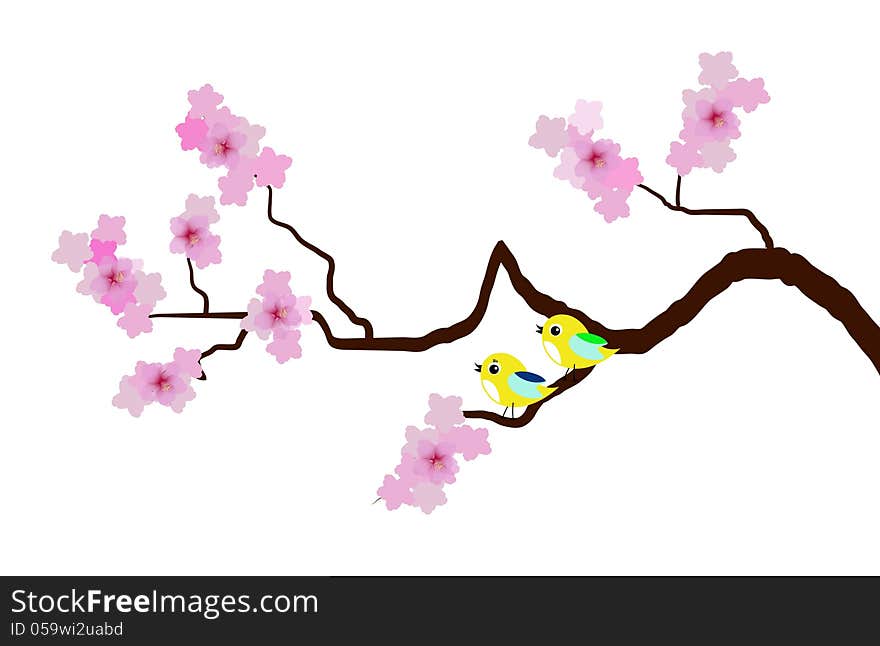 Vector cherry blossom with birds. Vector cherry blossom with birds