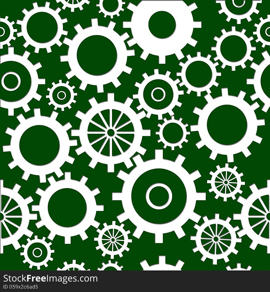 Seamless background pattern with green background and white gears. Seamless background pattern with green background and white gears