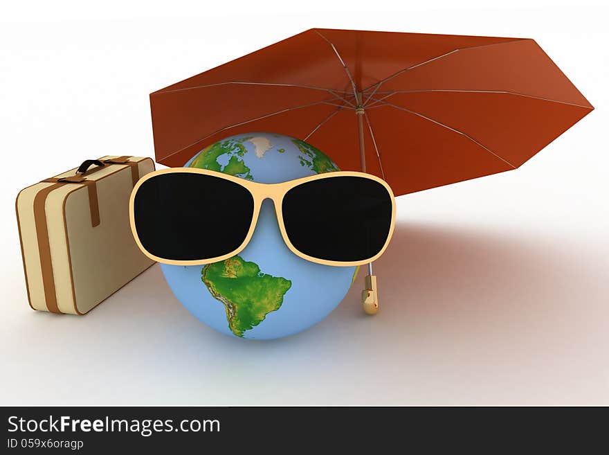 3d globe in sunglasses with a suitcase and umbrella