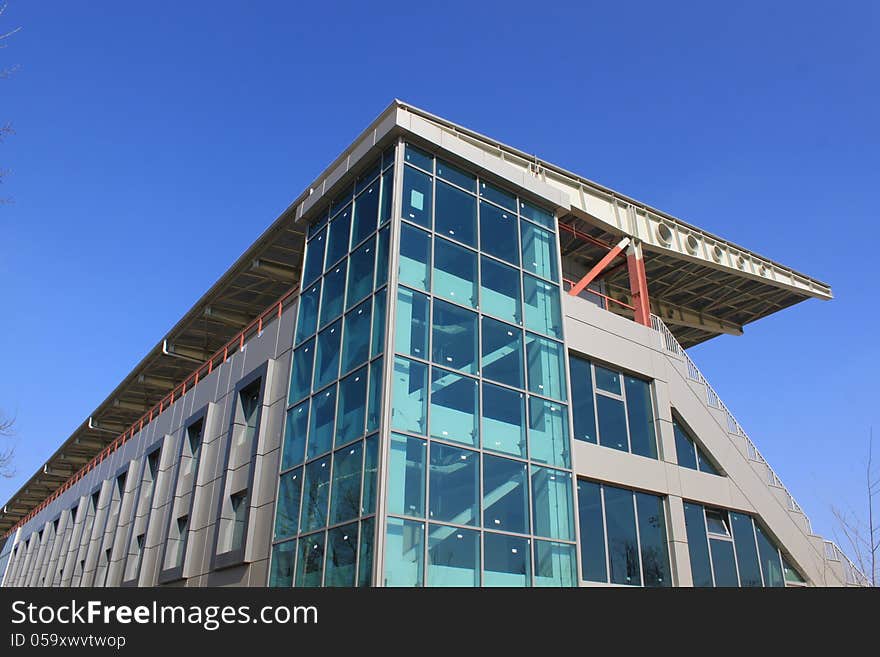 Modern building on blue and clear sky