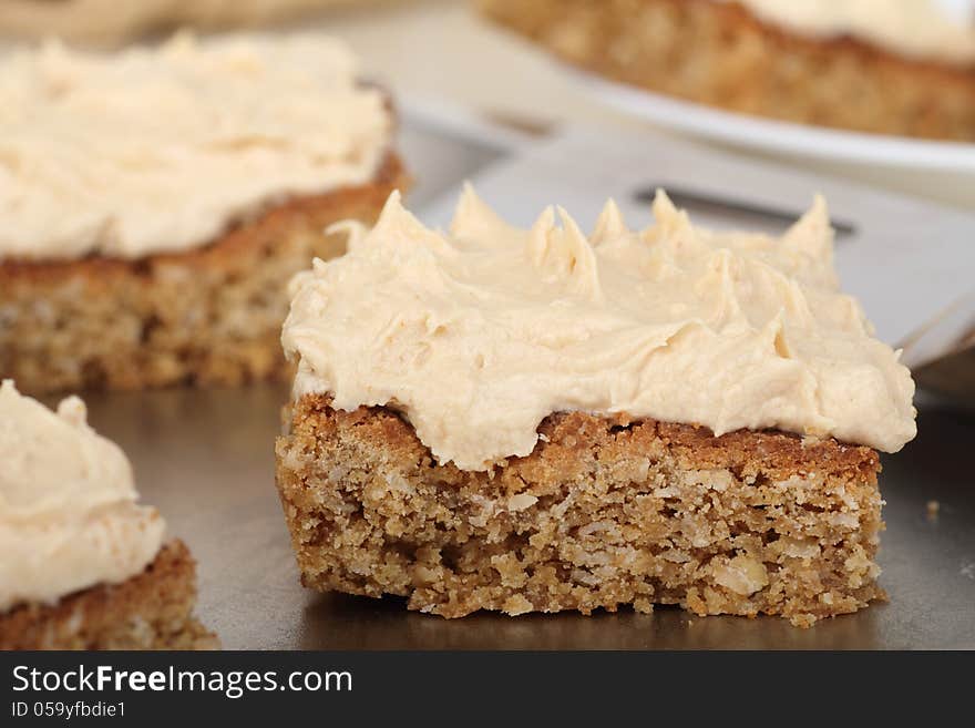 Closeup of a peanutbutter bar with icing. Closeup of a peanutbutter bar with icing