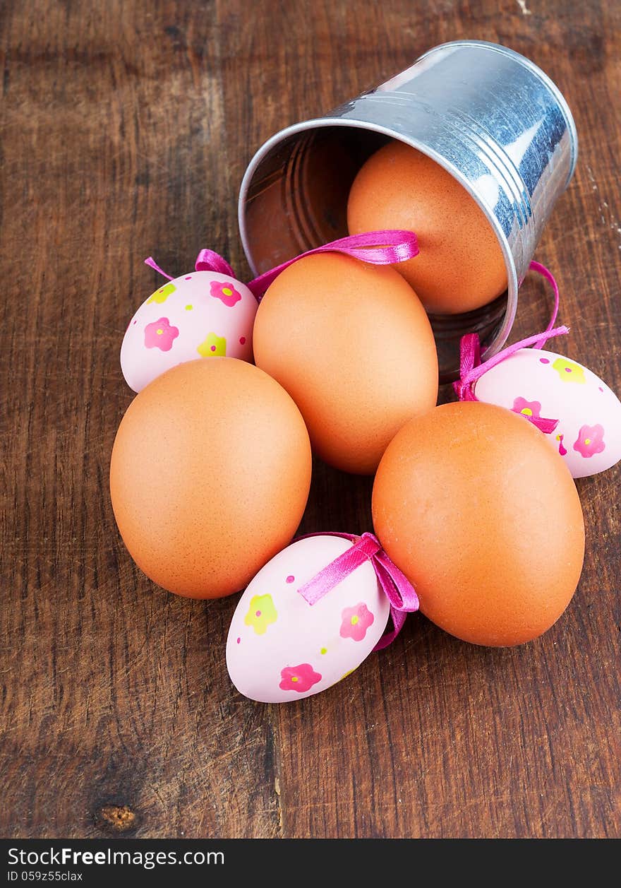 Natural chicken and decorative Easter eggs