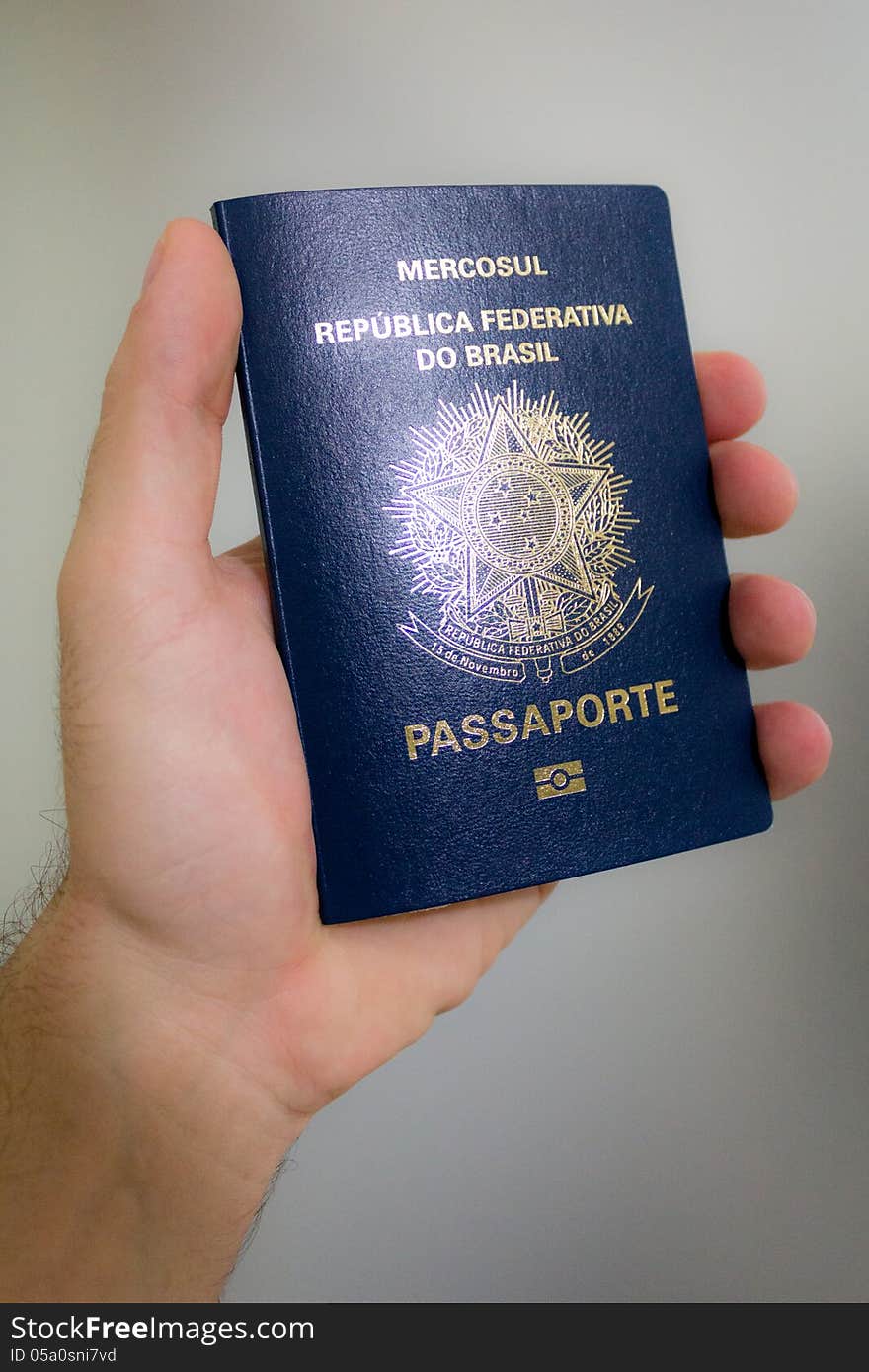 Male hand holding a brazilian (new model) passport. Male hand holding a brazilian (new model) passport.