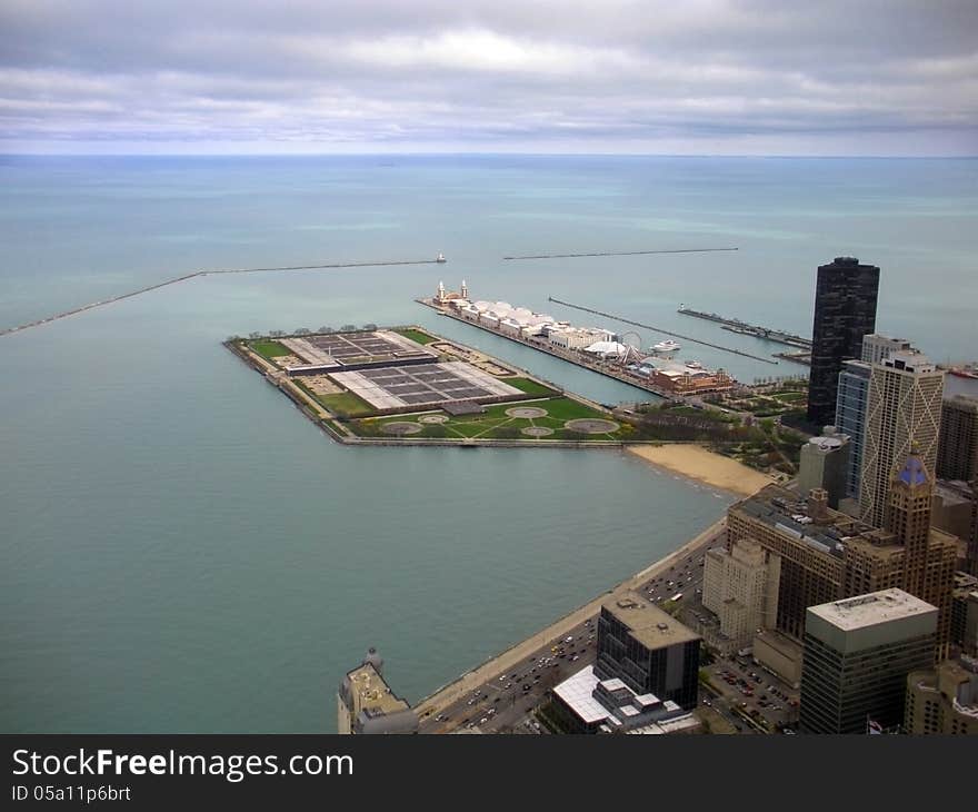 Color photo of Chicago's Navy Pier and Lake Michigan as seen from the John Hancock Observatory. Color photo of Chicago's Navy Pier and Lake Michigan as seen from the John Hancock Observatory.