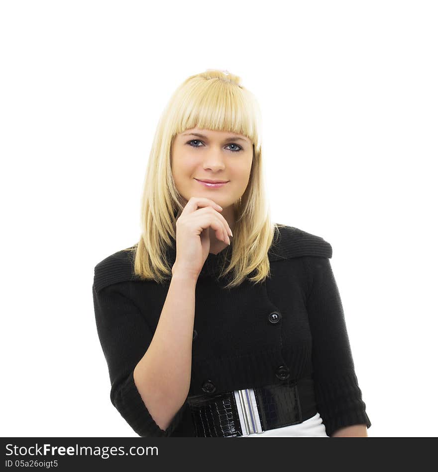 Young smiling woman in white background. Young smiling woman in white background