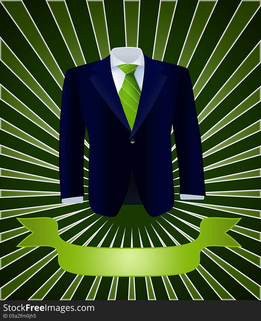 One blue costume with a tie made of green leaves on a dark green background with a banner. One blue costume with a tie made of green leaves on a dark green background with a banner.