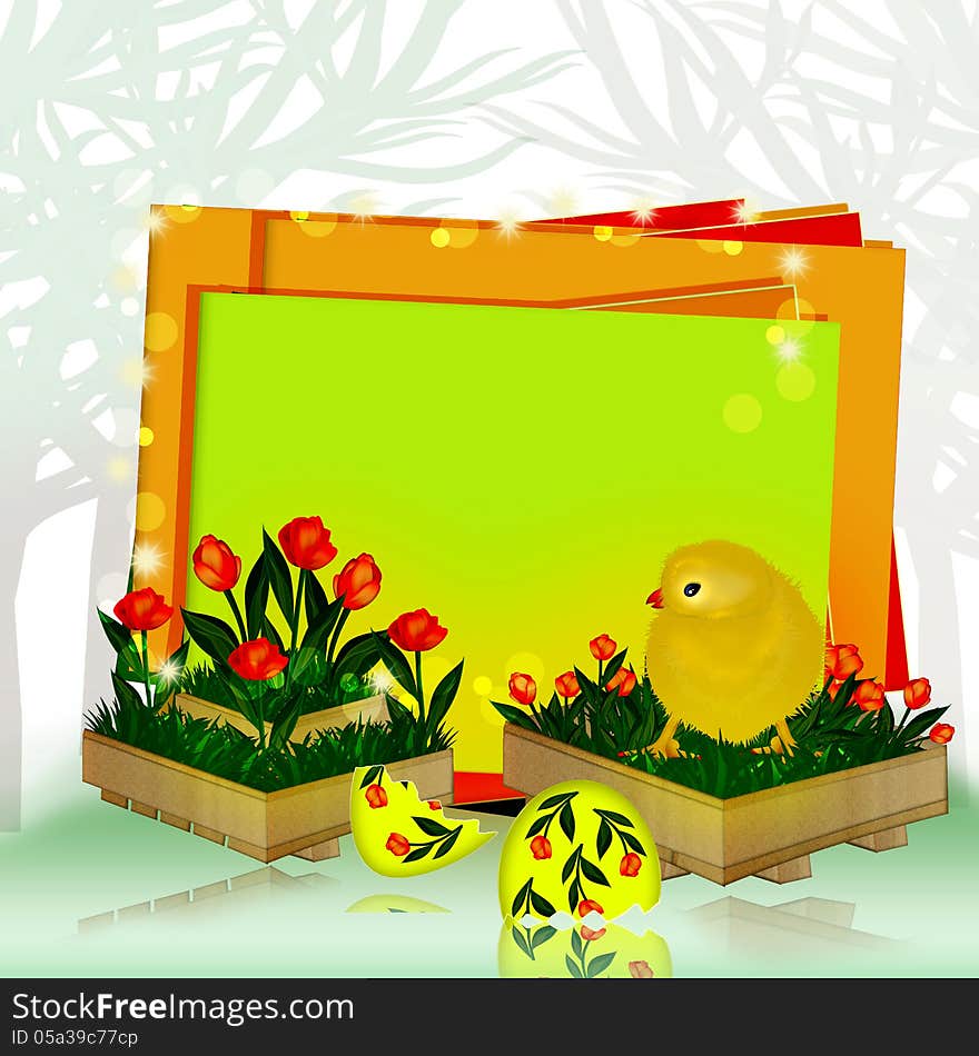 Easter card. Yellow chicken and egg. Easter card. Yellow chicken and egg