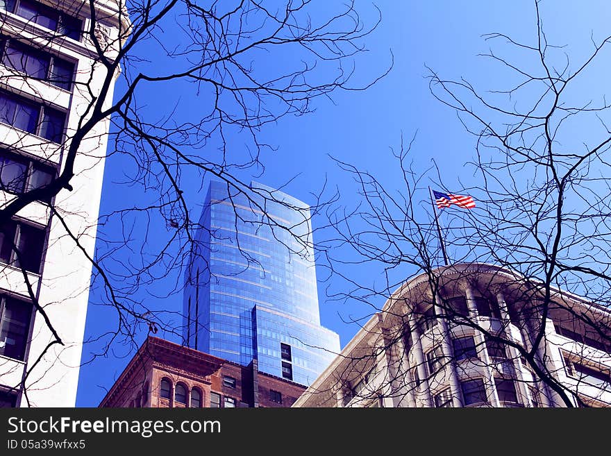 Chicago skyscrapers and the flag.