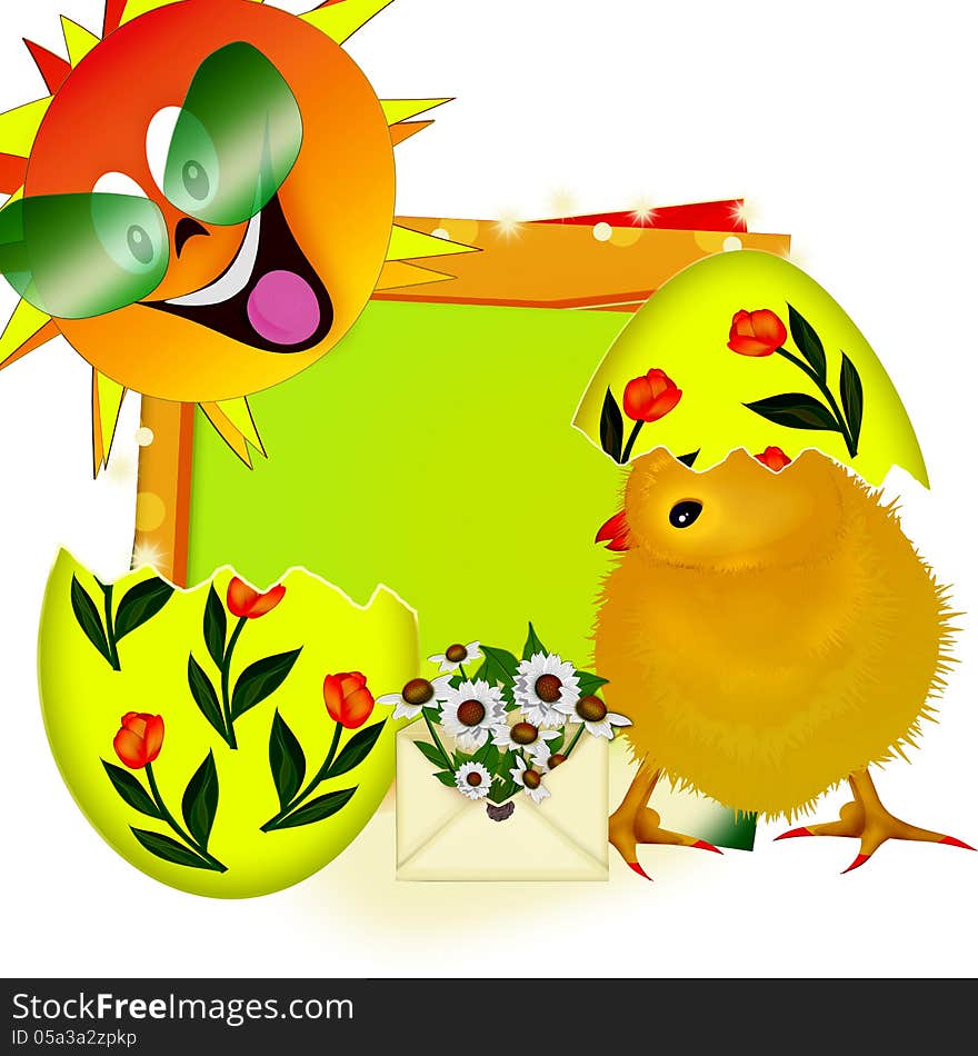 Easter card. Yellow chicken and egg. Easter card. Yellow chicken and egg