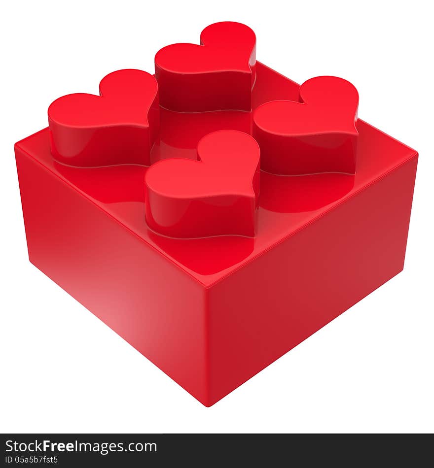 Toy block with hearts isolated on white background. Abstract 3d render.