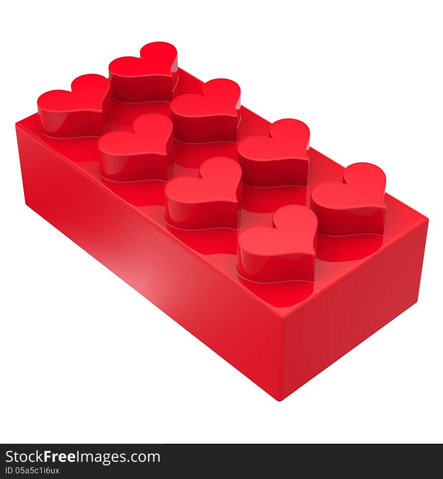 Toy block with hearts isolated on white background. Abstract 3d render.