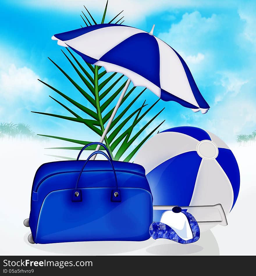 Blue bag, ball, umbrella palm, cap