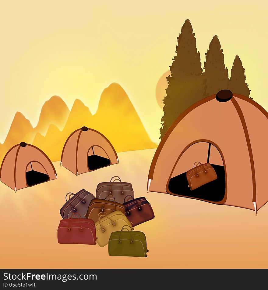 Camping. Tent And Travel Bags On The Background Of The Summer La