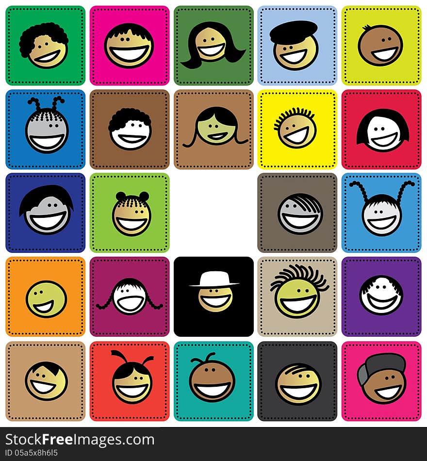 Colorful graphic of cute and happy faces of children(kids). The illustration shows faces of young girls and boys on colored background blocks expressing positive emotions like smiling or laughing