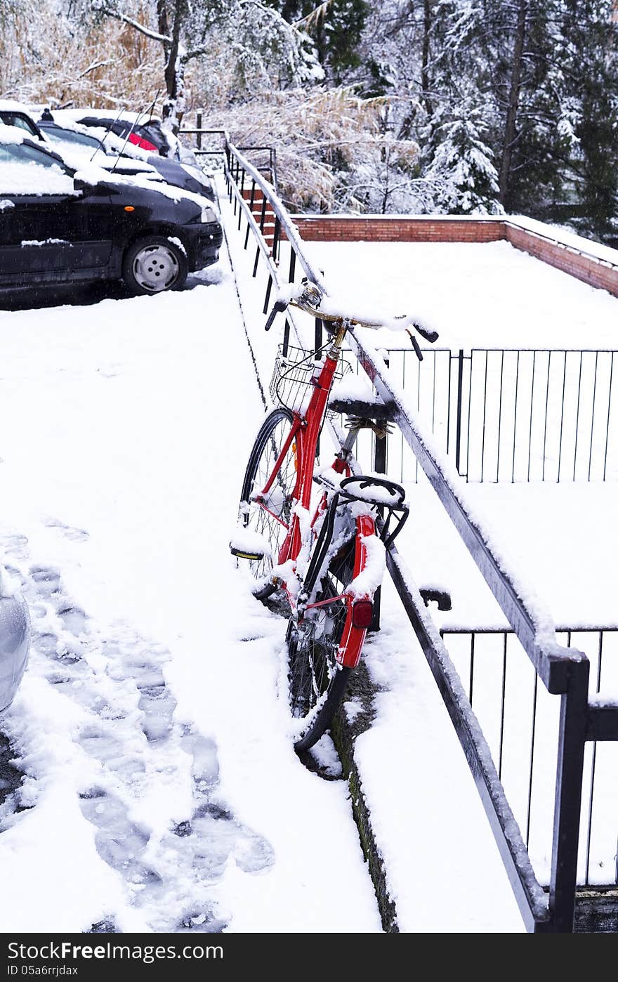 Red bike in winter time