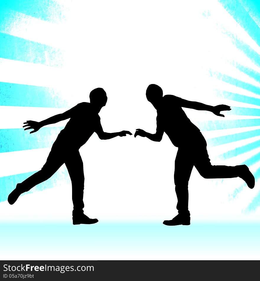 Two silhouetted people dancing on white background with turquoise sun burst.
