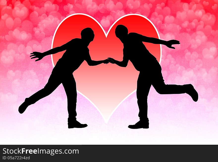 Silhouetted illustration of romantic couple holding hands with red love heart in background.