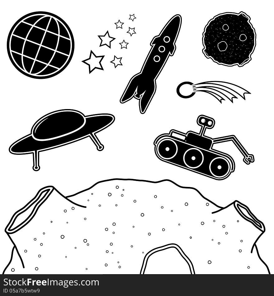 Set of cartoon space objects in black color. Set of cartoon space objects in black color