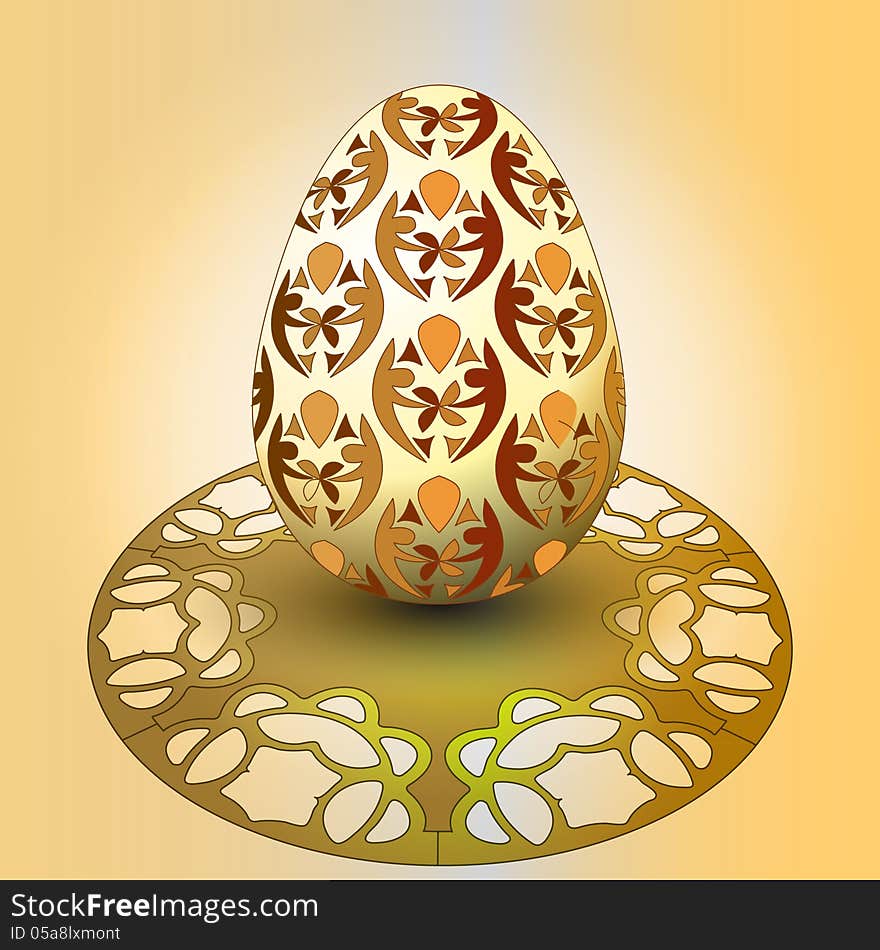 Handmade decorated easter egg on orange tray illustration