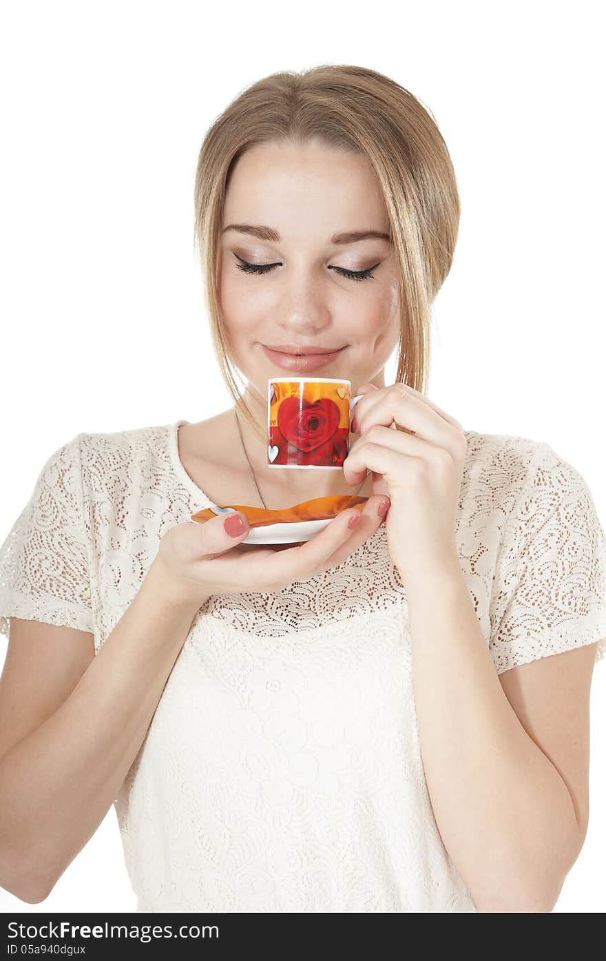 Portrait of dreamy woman in a white dress with cup of coffee on a plate, isolated on white background. Portrait of dreamy woman in a white dress with cup of coffee on a plate, isolated on white background.