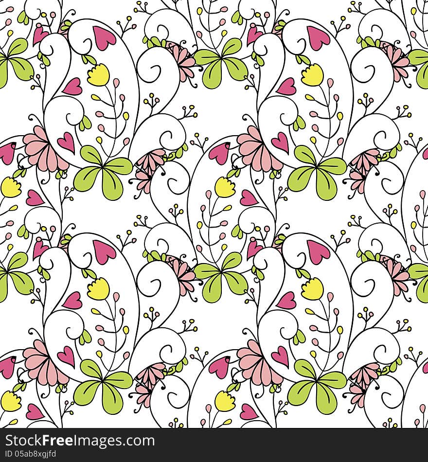 Vector seamless abstract background with flowers and hearts. Vector seamless abstract background with flowers and hearts