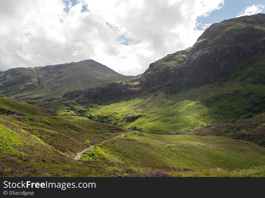 Scottish landscape in highlands near Fort William. Magnificient green mountains. Scottish landscape in highlands near Fort William. Magnificient green mountains