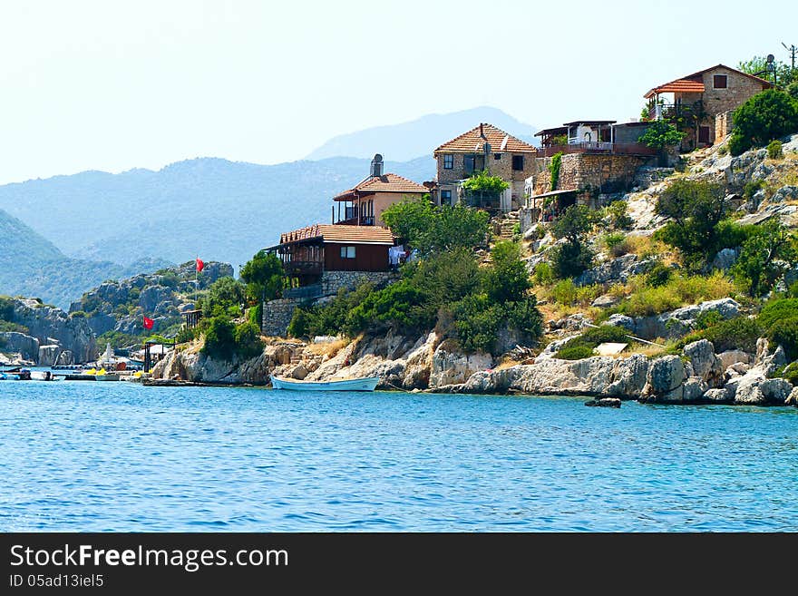 Simena village in Turkey, near Kekova, view from the sea. Simena village in Turkey, near Kekova, view from the sea