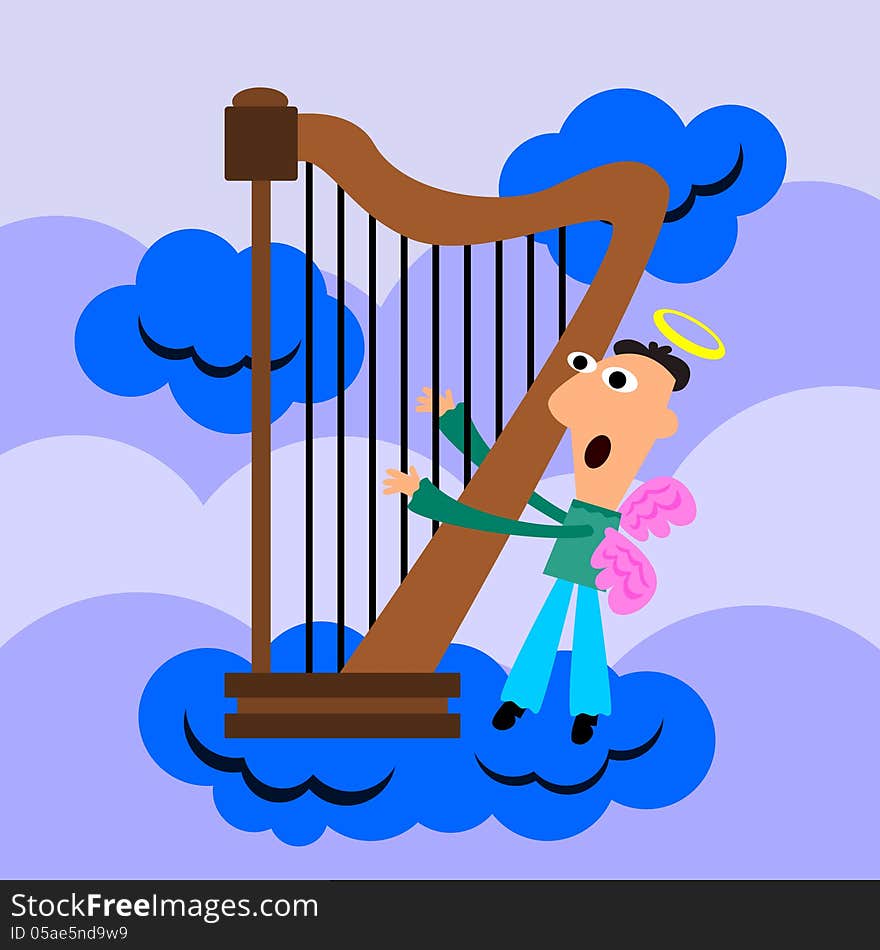 An angel on a cloud is playing a giant harp. An angel on a cloud is playing a giant harp