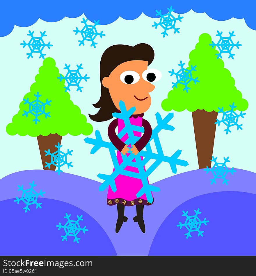 A smiling young cartoon woman is hugging a snowflake. A smiling young cartoon woman is hugging a snowflake