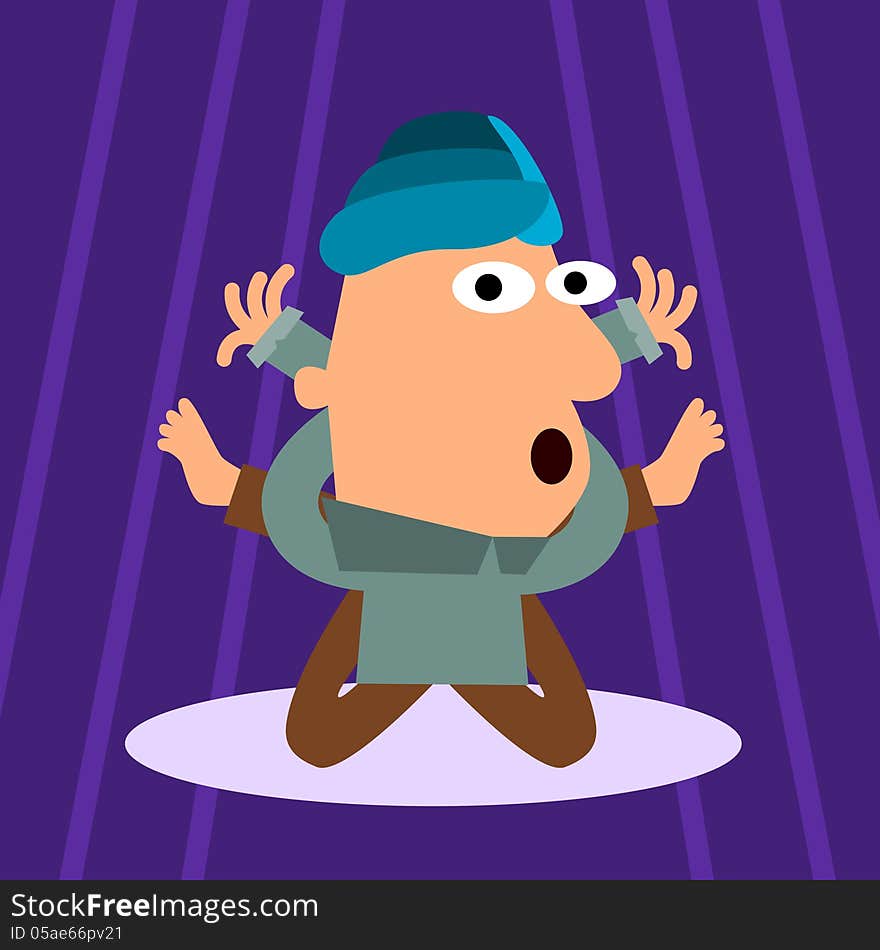 A cartoon contornionist with a turban wraps his arms and legs behind his back. A cartoon contornionist with a turban wraps his arms and legs behind his back