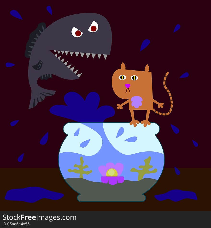 A shocked cat about to be eaten by a piranha from a fishbowl. A shocked cat about to be eaten by a piranha from a fishbowl