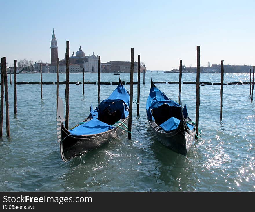 Gondolas In Venice And Isle Of San Giorgio Maggiore, Italy