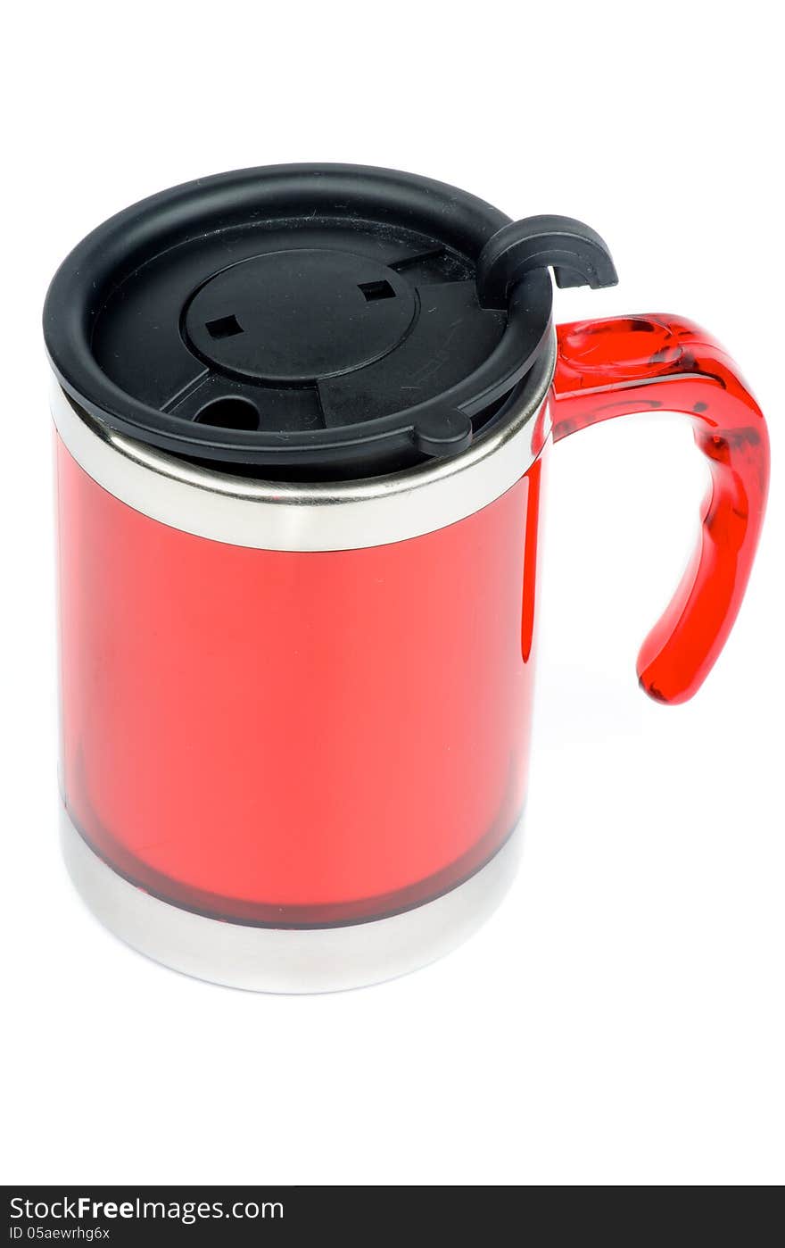 Red Thermos Mug with Black Lid isolated on white background