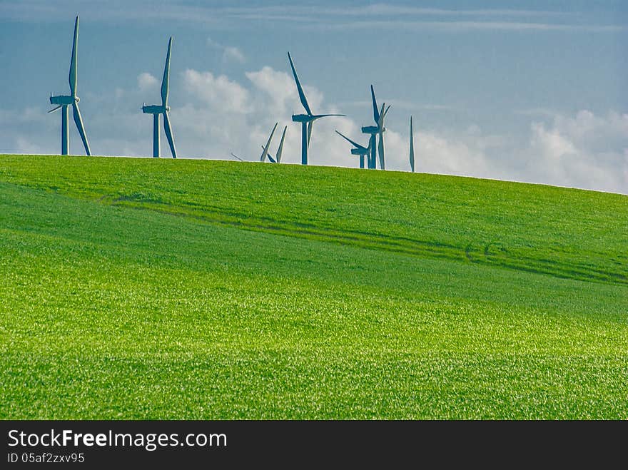 Several windmills in the countryside horizon