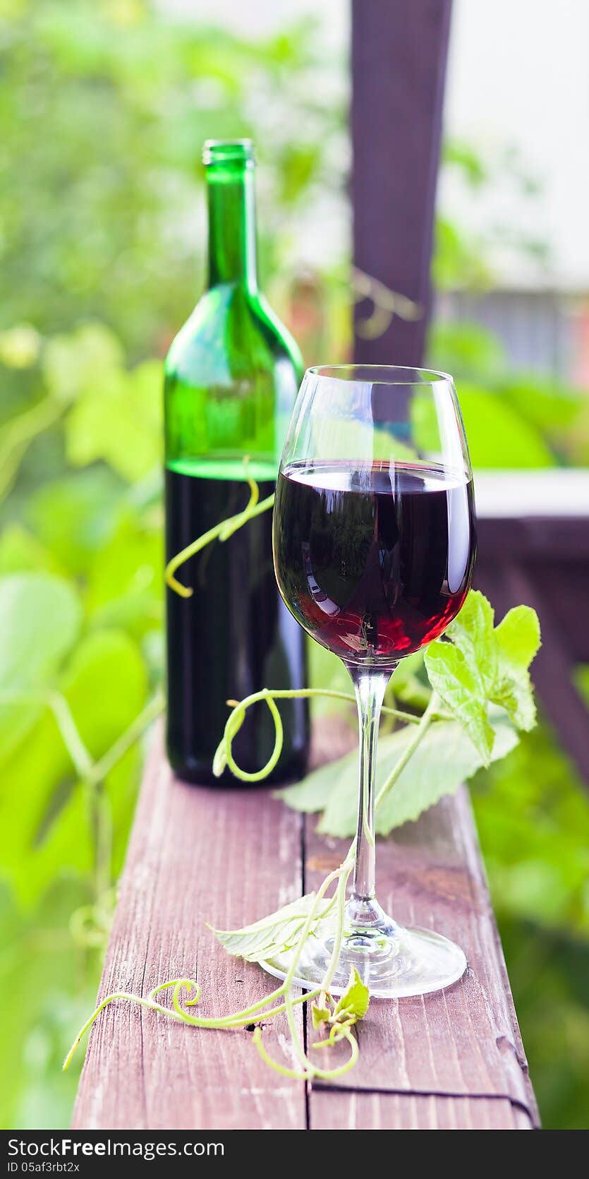 Bottle and glass with red wine in vineyard.