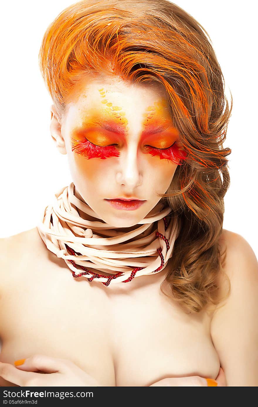 Fiery Stylized Woman With Closed Eyes. Red False Lashes. Creative Make Up