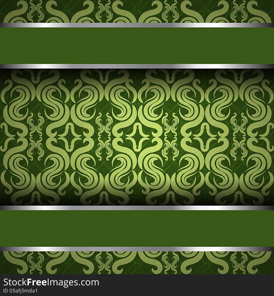 Vector ornate vintage background. Green and silver. Vector ornate vintage background. Green and silver