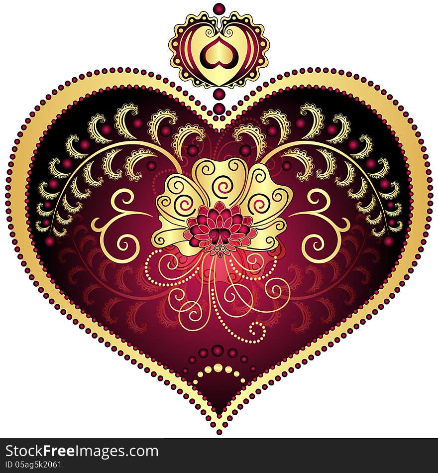 Large red romantic vintage heart with gold flower on white. (Vector EPS 10). Large red romantic vintage heart with gold flower on white. (Vector EPS 10)