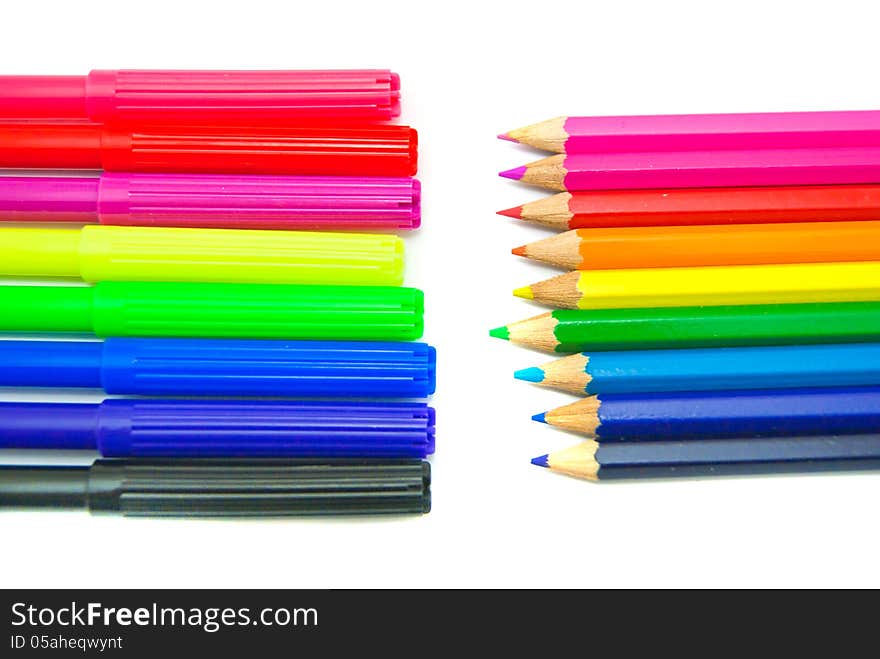 Two Stacks Colorful Of Pencils And Markers