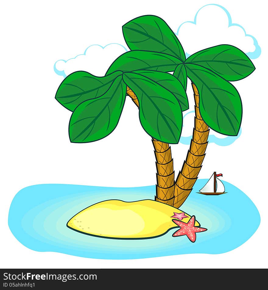 Small island with palm trees and starfish in ocean. Small island with palm trees and starfish in ocean