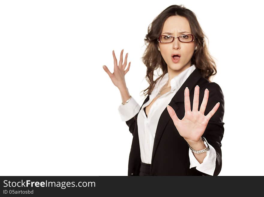 Nice screaming business woman with stop placed hand. Nice screaming business woman with stop placed hand