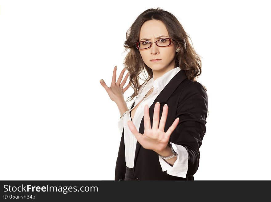 Nice screaming business woman with stop placed hand. Nice screaming business woman with stop placed hand