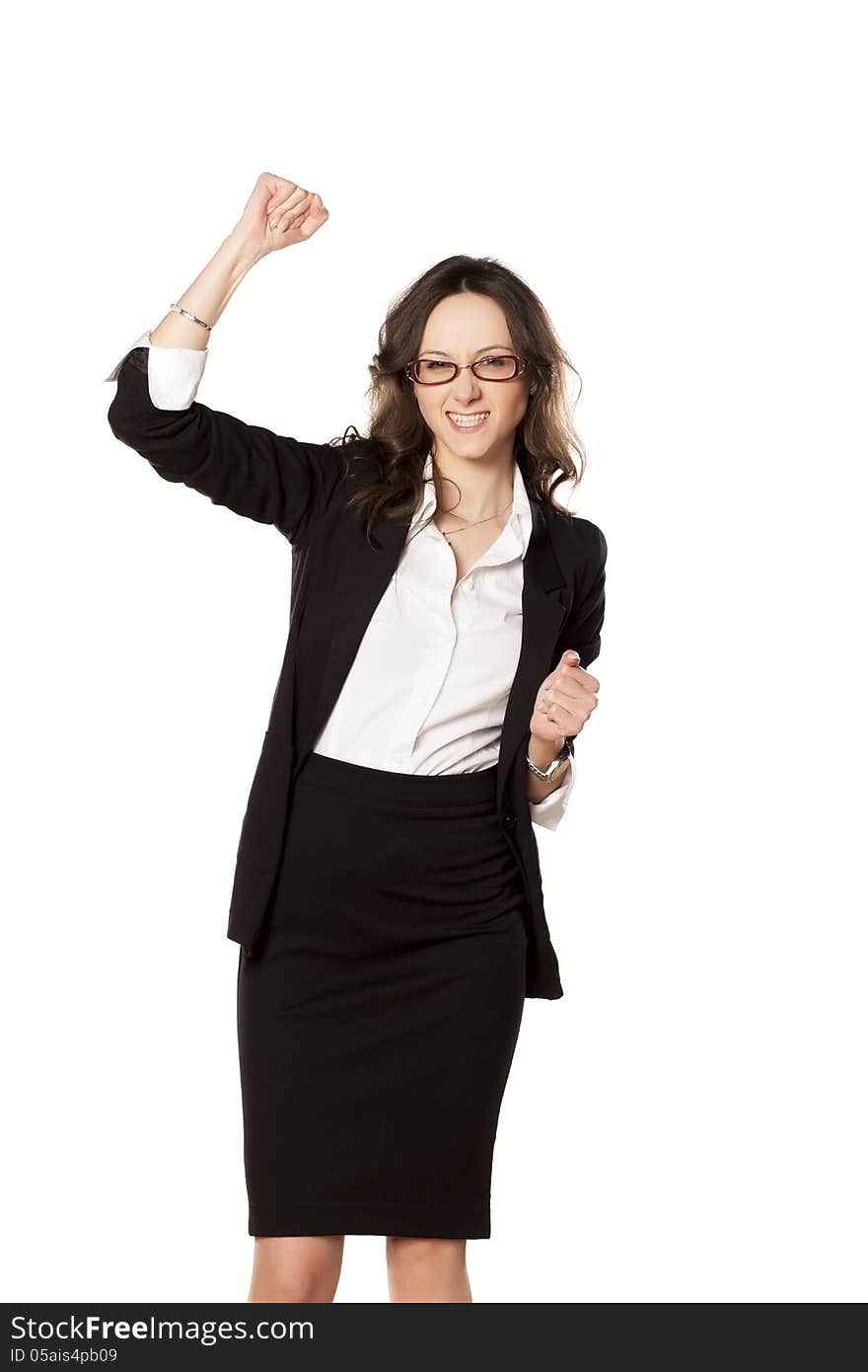 Nice business woman exulting with a hand up on white background