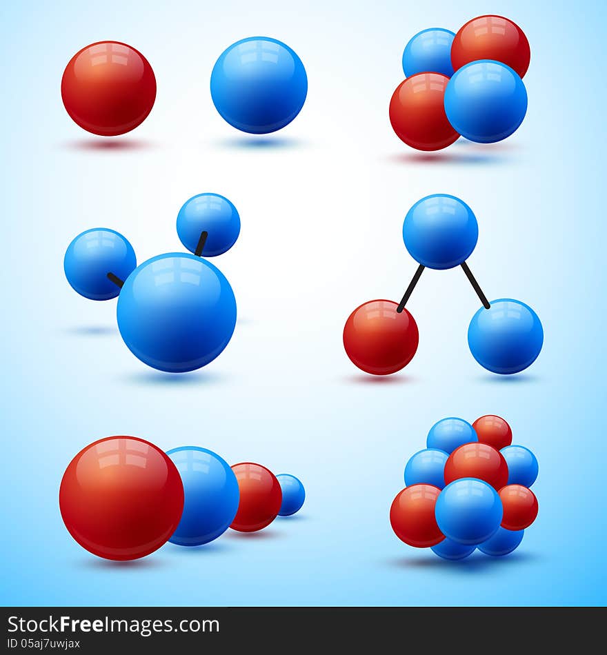 Spheres abstract set. Red and blue balls with shadows vector illustration