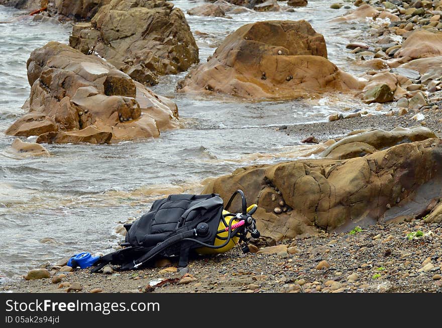 Diving equipment on empty beach