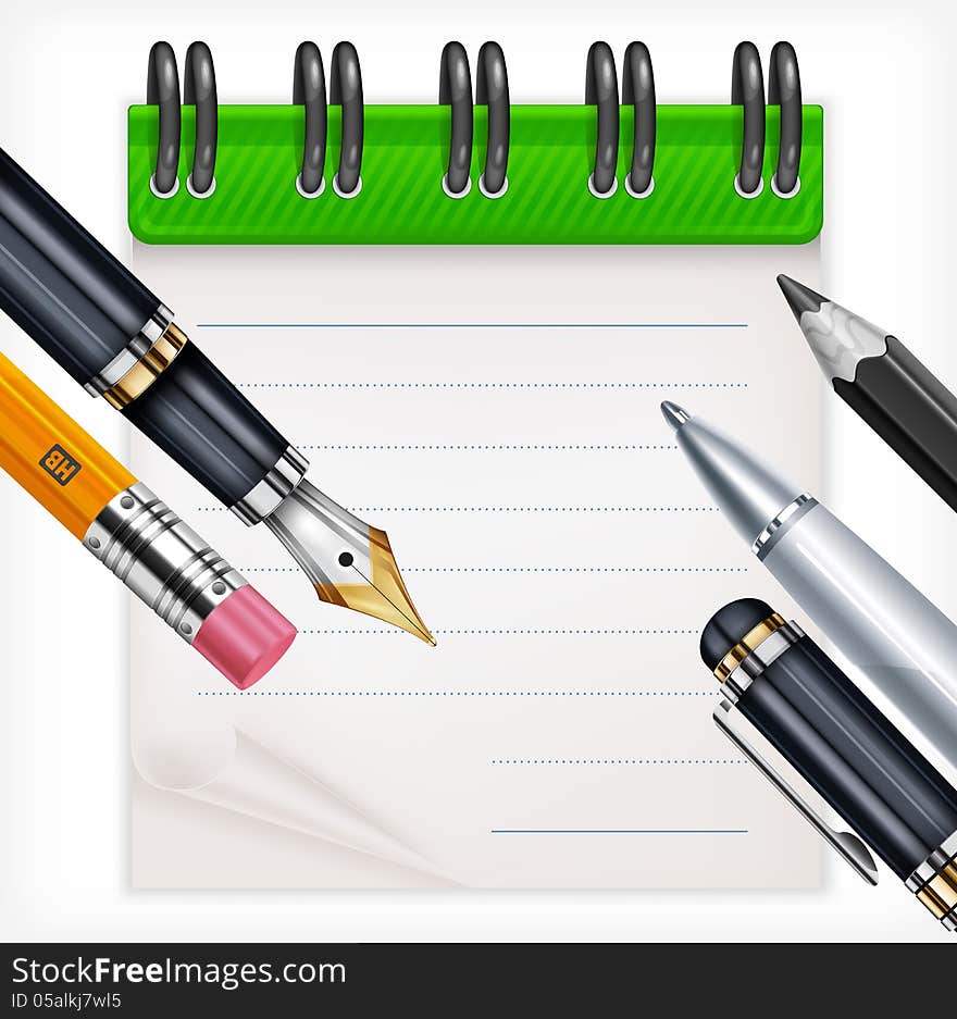 Notebook and writing tools on white, vector illustration