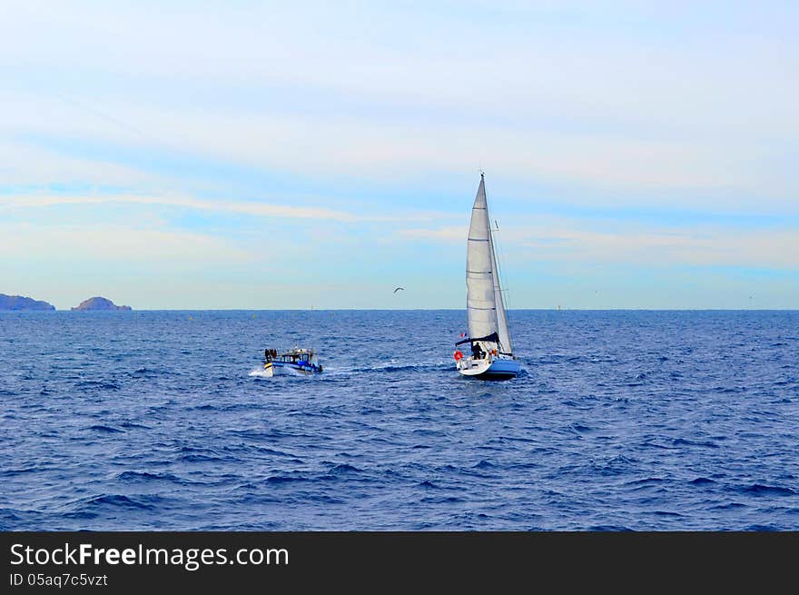 Yacht and boat of the bright blue sea, Marseille, France