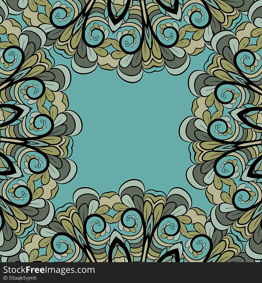 Abstract green-gray frame with floral elements and cyan background