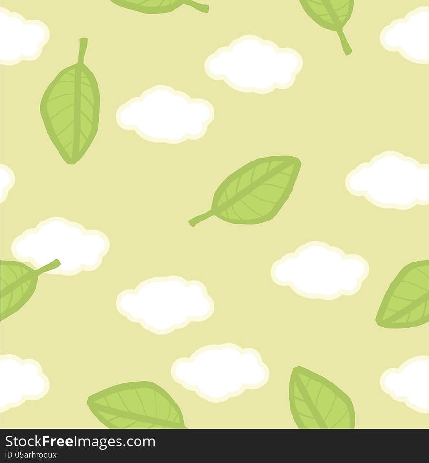 Seamless vector pattern. Summer clouds and leaves