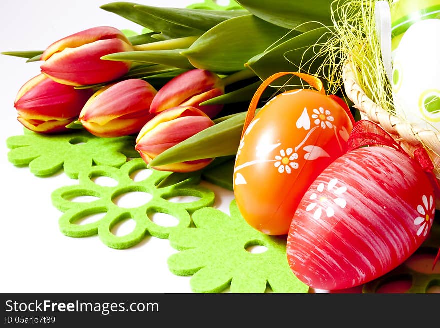 Easter eggs and tulips